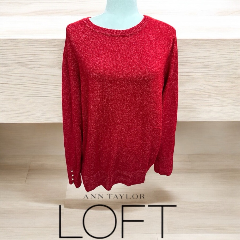 LOFT Red Crewneck Sweater with Subtle Metallic Sheen